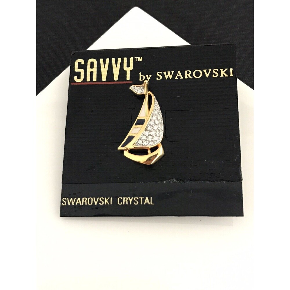 Vintage 1980s Savvy by Swarovski Sailboat Tac Pin Gold Tone Crystal Enamel - 2L